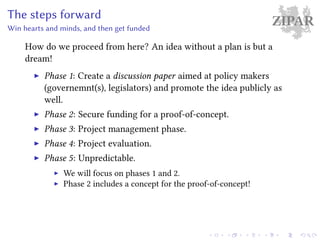 ZIPARThe steps forward
Win hearts and minds, and then get funded
How do we proceed from here? An idea without a plan is but a
dream!
Phase 1: Create a discussion paper aimed at policy makers
(governemnt(s), legislators) and promote the idea publicly as
well.
Phase 2: Secure funding for a proof-of-concept.
Phase 3: Project management phase.
Phase 4: Project evaluation.
Phase 5: Unpredictable.
We will focus on phases 1 and 2.
Phase 2 includes a concept for the proof-of-concept!
 