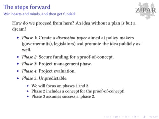 ZIPARThe steps forward
Win hearts and minds, and then get funded
How do we proceed from here? An idea without a plan is but a
dream!
Phase 1: Create a discussion paper aimed at policy makers
(governemnt(s), legislators) and promote the idea publicly as
well.
Phase 2: Secure funding for a proof-of-concept.
Phase 3: Project management phase.
Phase 4: Project evaluation.
Phase 5: Unpredictable.
We will focus on phases 1 and 2.
Phase 2 includes a concept for the proof-of-concept!
Phase 3 assumes success at phase 2.
 