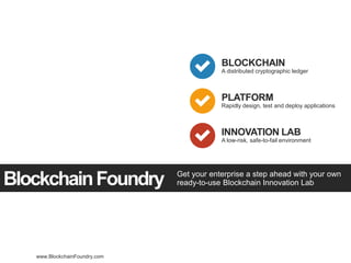 1
www.BlockchainFoundry.com
Get your enterprise a step ahead with your own
ready-to-use Blockchain Innovation LabBlockchainFoundry
BLOCKCHAIN
A distributed cryptographic ledger
PLATFORM
Rapidly design, test and deploy applications
INNOVATION LAB
A low-risk, safe-to-fail environment
 