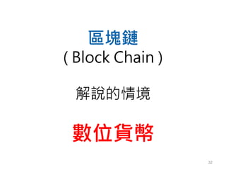 32
區塊鏈
( Block Chain )
解說的情境
數位貨幣
 