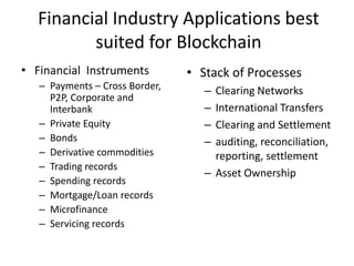 Financial Industry Applications best
suited for Blockchain
• Stack of Processes
– Clearing Networks
– International Transfers
– Clearing and Settlement
– auditing, reconciliation,
reporting, settlement
– Asset Ownership
• Financial Instruments
– Payments – Cross Border,
P2P, Corporate and
Interbank
– Private Equity
– Bonds
– Derivative commodities
– Trading records
– Spending records
– Mortgage/Loan records
– Microfinance
– Servicing records
 