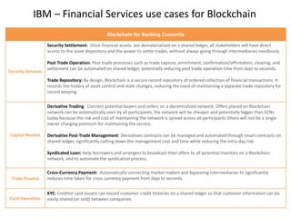 IBM – Financial Services use cases for Blockchain
Blockchain for Banking Consortia
Security Services
Security Settlement: Once financial assets are dematerialized on a shared ledger, all stakeholders will have direct
access to the asset depository and the power to settle trades, without always going through intermediaries needlessly.
Post Trade Operation: Post trade processes such as trade capture, enrichment, confirmation/affirmation, clearing, and
settlement can be automated on shared ledger, potentially reducing post trade operation time from days to seconds.
Trade Repository: By design, Blockchain is a secure record repository of ordered collection of financial transactions. It
records the history of asset control and state changes, reducing the need of maintaining a separate trade repository for
record keeping.
Capital Market
Derivative Trading: Connect potential buyers and sellers on a decentralized network. Offers placed on Blockchain
network can be automatically seen by all participants, the network will be cheaper and potentially bigger than ECNs
today because the risk and cost of maintaining the network is spread across all participants (there will not be a single
owner charging premium for maintaining the service.
Derivative Post-Trade Management: Derivatives contracts can be managed and automated through smart contracts on
shared ledger, significantly cutting down the management cost and time while reducing the intra-day risk.
Syndicated Loan: Help borrowers and arrangers to broadcast their offers to all potential investors on a Blockchain
network, and to automate the syndication process.
Trade Finance
Cross-Currency Payment: Automatically connecting market makers and bypassing intermediaries to significantly
reduces time taken for cross currency payment from days to seconds.
Card Operation
KYC: Creditor card issuers can record customer credit histories on a shared ledger so that customer information can be
easily shared (or sold) between companies.
 