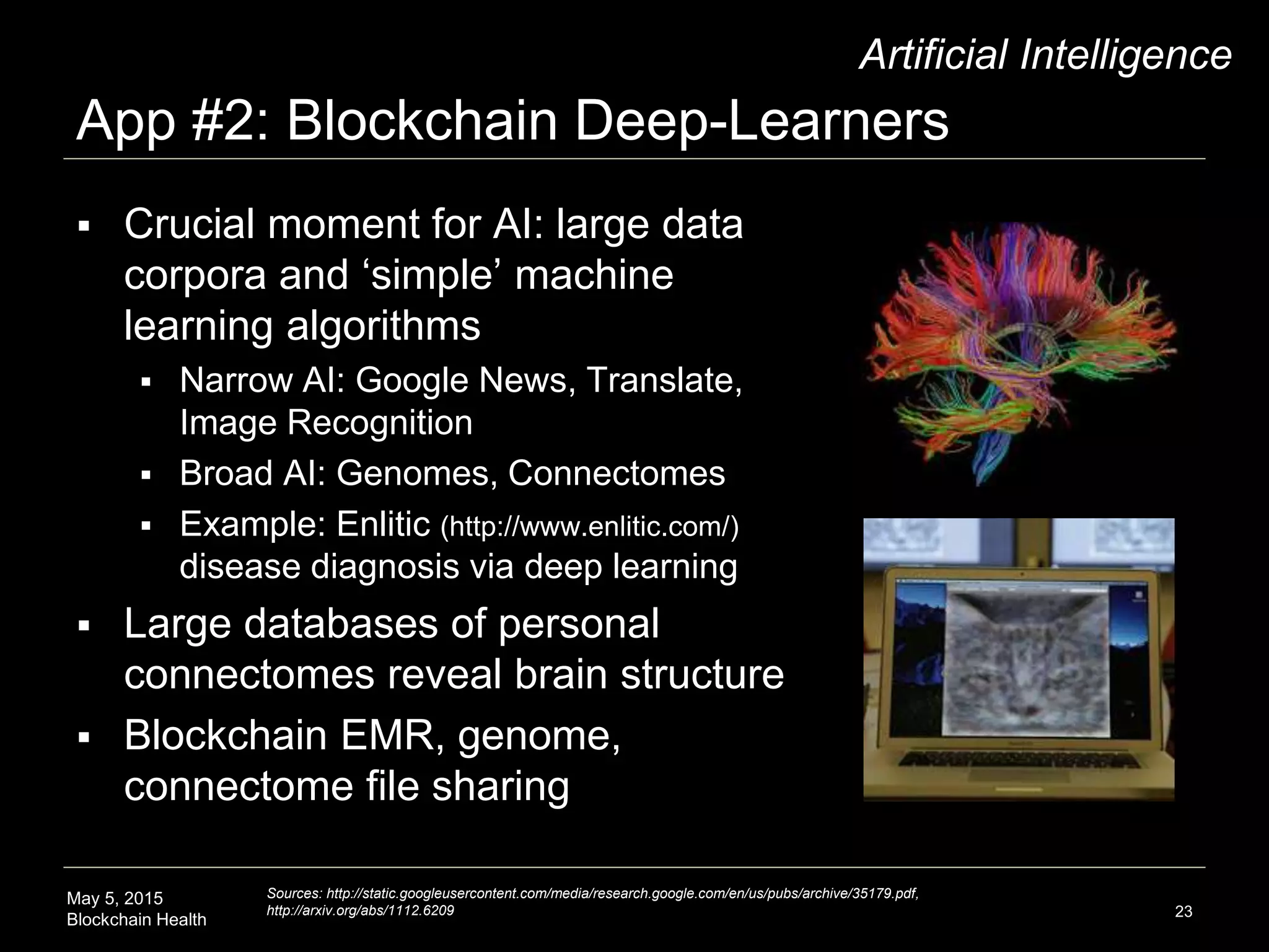 May 5, 2015
Blockchain Health
App #2: Blockchain Deep-Learners
23
Artificial Intelligence
 Crucial moment for AI: large data
corpora and ‘simple’ machine
learning algorithms
 Narrow AI: Google News, Translate,
Image Recognition
 Broad AI: Genomes, Connectomes
 Example: Enlitic (http://www.enlitic.com/)
disease diagnosis via deep learning
 Large databases of personal
connectomes reveal brain structure
 Blockchain EMR, genome,
connectome file sharing
Sources: http://static.googleusercontent.com/media/research.google.com/en/us/pubs/archive/35179.pdf,
http://arxiv.org/abs/1112.6209
 