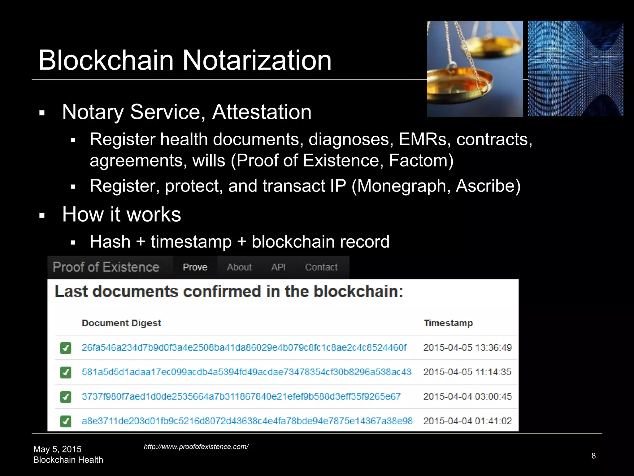 May 5, 2015
Blockchain Health
Blockchain Notarization
 Notary Service, Attestation
 Register health documents, diagnoses, EMRs, contracts,
agreements, wills (Proof of Existence, Factom)
 Register, protect, and transact IP (Monegraph, Ascribe)
 How it works
 Hash + timestamp + blockchain record
8
http://www.proofofexistence.com/
 