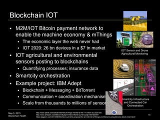 May 5, 2015
Blockchain Health
Blockchain IOT
15
http://www.zdnet.com/article/internet-of-things-market-to-hit-7-1-trillion-by-2020-idc/,
http://www.amazon.com/Bitcoin-Blueprint-New-World-Currency/dp/1491920491
https://gigaom.com/2014/09/09/check-out-ibms-proposal-for-an-internet-of-things-architecture-using-bitcoins-block-chain-tech/
 M2M/IOT Bitcoin payment network to
enable the machine economy & mThings
 The economic layer the web never had
 IOT 2020: 26 bn devices in a $7 tn market
 IOT agricultural and environmental
sensors posting to blockchains
 Quantifying processes; insurance data
 Smartcity orchestration
 Example project: IBM Adept
 Blockchain + Messaging + BitTorrent
 Communication + coordination mechanism
 Scale from thousands to millions of sensors
Smartcity Infrastructure
and Connected Car
Orchestration
IOT Sensor and Drone
Agricultural Monitoring
 