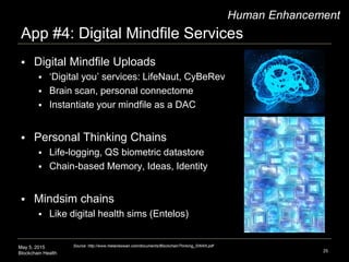 May 5, 2015
Blockchain Health
App #4: Digital Mindfile Services
25
Human Enhancement
 Digital Mindfile Uploads
 ‘Digital...