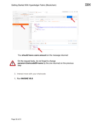 Getting Started With Hyperledger Fabric (Blockchain)
Page 30 of 51
You should have a zero amount on the message returned
On the request body, do not forget to change
params>chaincodeID>name by the one returned on the previous
step
3. Interact more with your chaincode
1. Run INVOKE V0.6
 