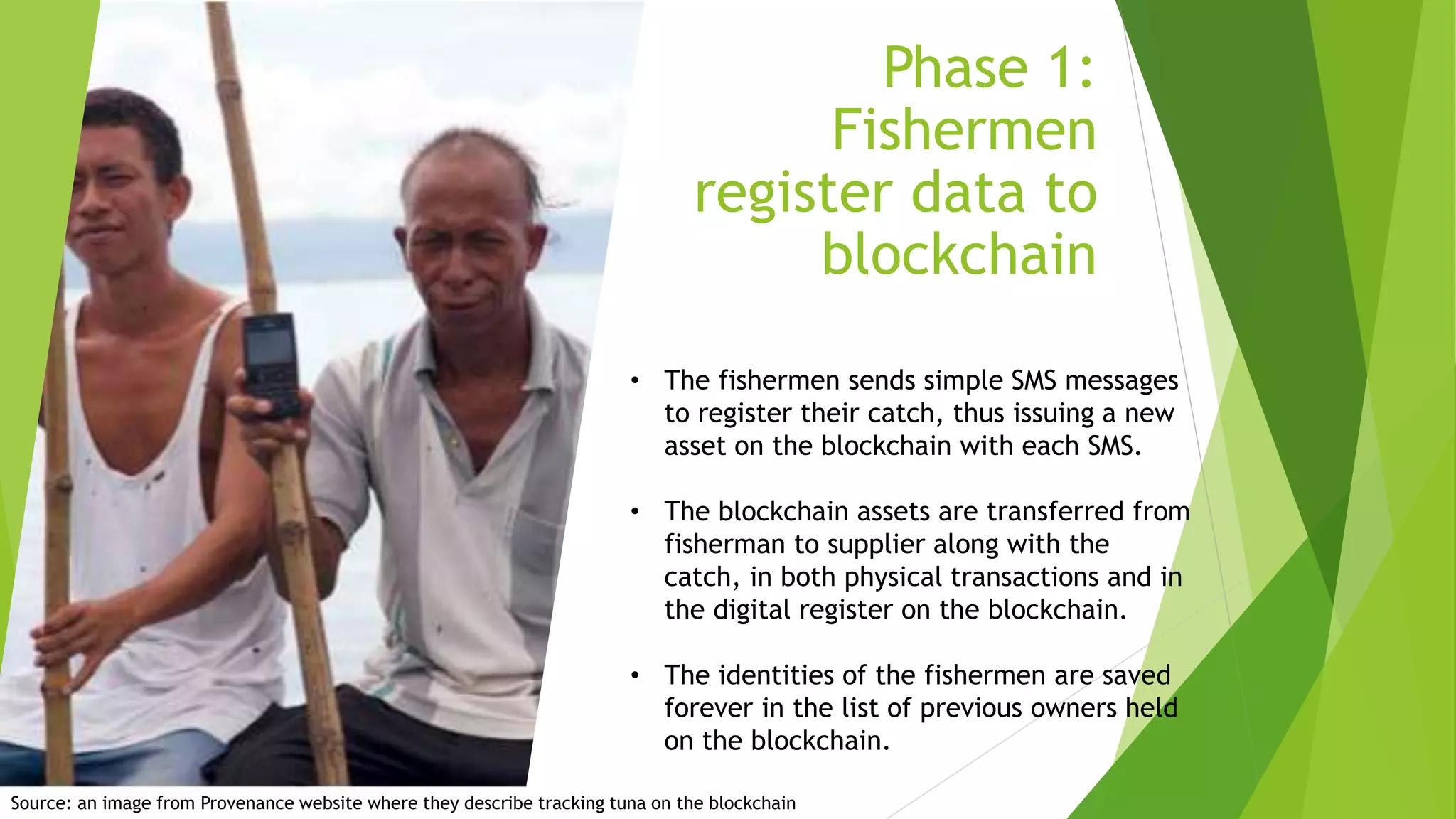 Phase 1:
Fishermen
register data to
blockchain
• The fishermen sends simple SMS messages
to register their catch, thus issuing a new
asset on the blockchain with each SMS.
• The blockchain assets are transferred from
fisherman to supplier along with the
catch, in both physical transactions and in
the digital register on the blockchain.
• The identities of the fishermen are saved
forever in the list of previous owners held
on the blockchain.
Source: an image from Provenance website where they describe tracking tuna on the blockchain
 