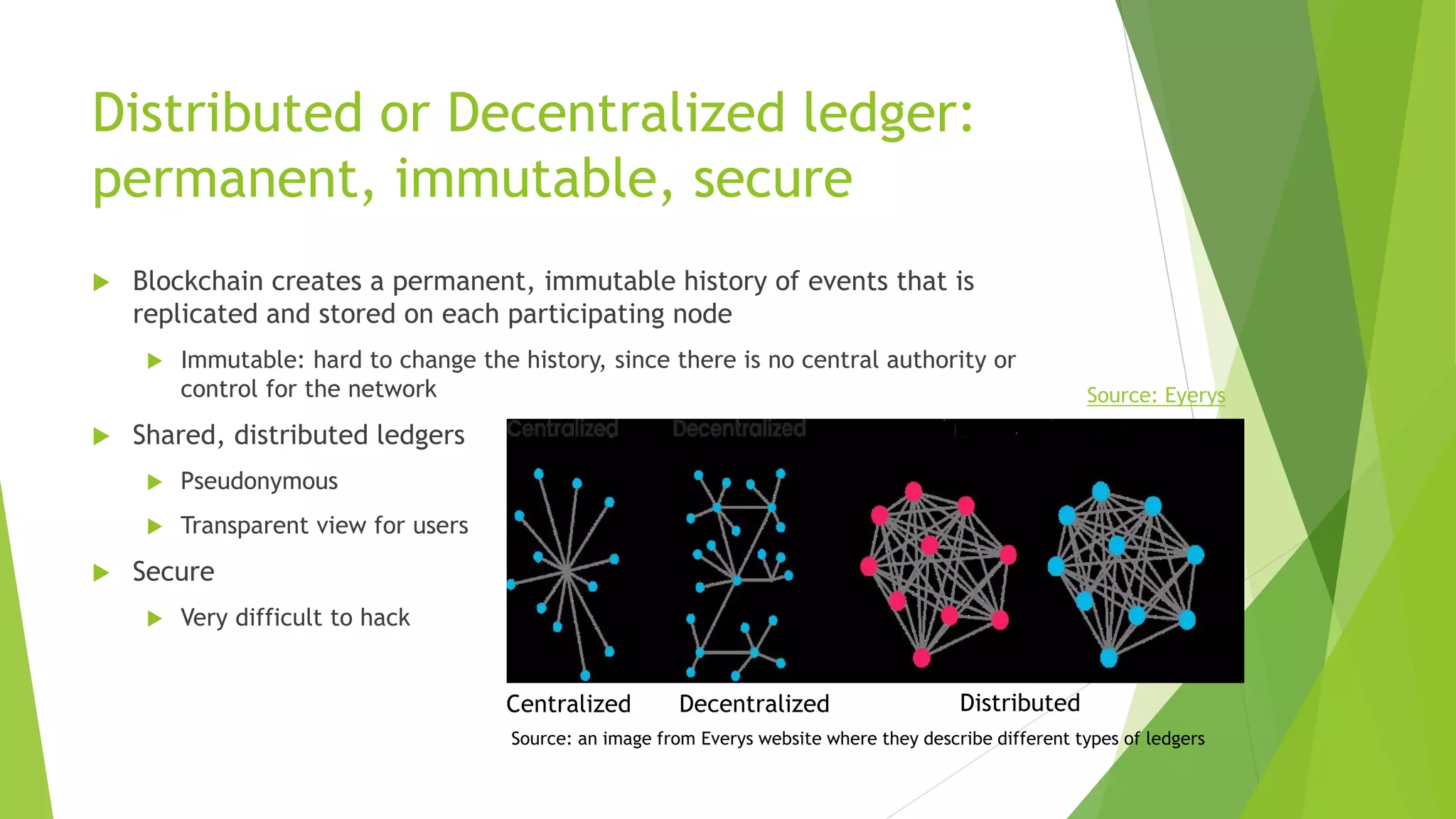 Distributed or Decentralized ledger:
permanent, immutable, secure
 Blockchain creates a permanent, immutable history of events that is
replicated and stored on each participating node
 Immutable: hard to change the history, since there is no central authority or
control for the network
 Shared, distributed ledgers
 Pseudonymous
 Transparent view for users
 Secure
 Very difficult to hack
Centralized Decentralized Distributed
Source: Eyerys
Source: an image from Everys website where they describe different types of ledgers
 