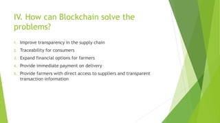 IV. How can Blockchain solve the
problems?
1. Improve transparency in the supply chain
2. Traceability for consumers
3. Expand financial options for farmers
4. Provide immediate payment on delivery
5. Provide farmers with direct access to suppliers and transparent
transaction information
 