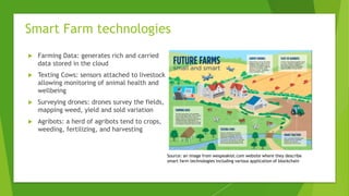  Farming Data: generates rich and carried
data stored in the cloud
 Texting Cows: sensors attached to livestock
allowing monitoring of animal health and
wellbeing
 Surveying drones: drones survey the fields,
mapping weed, yield and sold variation
 Agribots: a herd of agribots tend to crops,
weeding, fertilizing, and harvesting
Smart Farm technologies
Source: an image from wespeakiot.com website where they describe
smart farm technologies including various application of blockchain
 