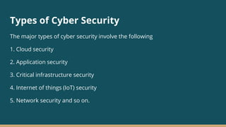 Types of Cyber Security
The major types of cyber security involve the following
1. Cloud security
2. Application security
3. Critical infrastructure security
4. Internet of things (IoT) security
5. Network security and so on.
 