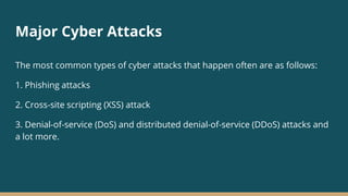 Major Cyber Attacks
The most common types of cyber attacks that happen often are as follows:
1. Phishing attacks
2. Cross-site scripting (XSS) attack
3. Denial-of-service (DoS) and distributed denial-of-service (DDoS) attacks and
a lot more.
 