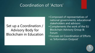 Coordination of ‘Actors’
Set up a Coordination /
Advisory Body for
Blockchain in Education
• Composed of representatives of
national governments, educational
stakeholders and advisors
• Complements the work of the EU
Blockchain Advisory Group &
Forum
• Focuses on Coordination of Efforts
vs ‘Information Outpost’
5
 