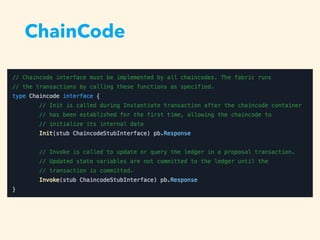 shim.ChaincodeStubInterface
• chaincode WorldState Ledger
API
• Init, Invoke
• Get/Put/Delete State World State
• shim.Suc...