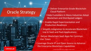 Copyright &copy; 2018, Oracle and/or its affiliates. All rights reserved. 29
Oracle Strategy
&bull; Deliver Enterprise-Grade Blockchain
Cloud Platform
&bull; Help Customers In Many Industries Adopt
Blockchain and Distributed Ledgers
&bull; Enable Rapid Experimentation and
Production-Readiness
&bull; Simplify Integration to Accelerate Blockchain
Use in SaaS and PaaS Applications
&bull; Deliver Blockchain SaaS Apps for Common
Use Cases
&bull; Leverage Oracle IP and Open Source to Advance
the Enterprise Blockchain Capabilities
 