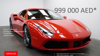 Ferrari F 488 Italia
3.9-litre twin-turbocharged V8
Convertible
Leather Seats
999 000 AED*
&bull; VAT, registration fees, insurance not included
&bull; Terms and conditions apply
 