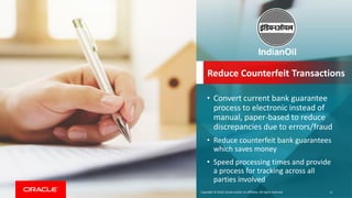 Copyright &copy; 2018, Oracle and/or its affiliates. All rights reserved.
Reduce Counterfeit Transactions
&bull; Convert current bank guarantee
process to electronic instead of
manual, paper-based to reduce
discrepancies due to errors/fraud
&bull; Reduce counterfeit bank guarantees
which saves money
&bull; Speed processing times and provide
a process for tracking across all
parties involved
27
 