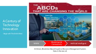 ACentury of
Technology
Innovation
-BeginwithTheEndInMind
WWW
Blockchain &
Connectivity
Artificial Intelligent
AI Driven, Blockchain Based Cognitive Resource Management System.
Data is the new oil.
Smart City
- SmartTechnology
- Smart Governance
- Smart Energy
- Smart Mobility
- Smart Buildings
- Smart Planning
 