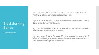10th Aug, 2018 -World Bank Mandates Commonwealth Bank of
Australia to Issue Bond Using BlockchainTech
27th Sep, 2018 - Austria to Use Ethereum Public Blockchain to Issue
$1.35 Bln in Government Bonds
19th Feb, 2019 - Major Spanish Bank BBVA Issues $40 MillionGreen
Bond Based on Blockchain Platform
23rd Apr, 2019 - Societe Generale SFH, the covered bond vehicle of
Societe Generale, issued the first covered bond (EUR 100m) as a
security token on a public blockchain.
Blockchaining
Bonds
-Acrosstheglobe
 