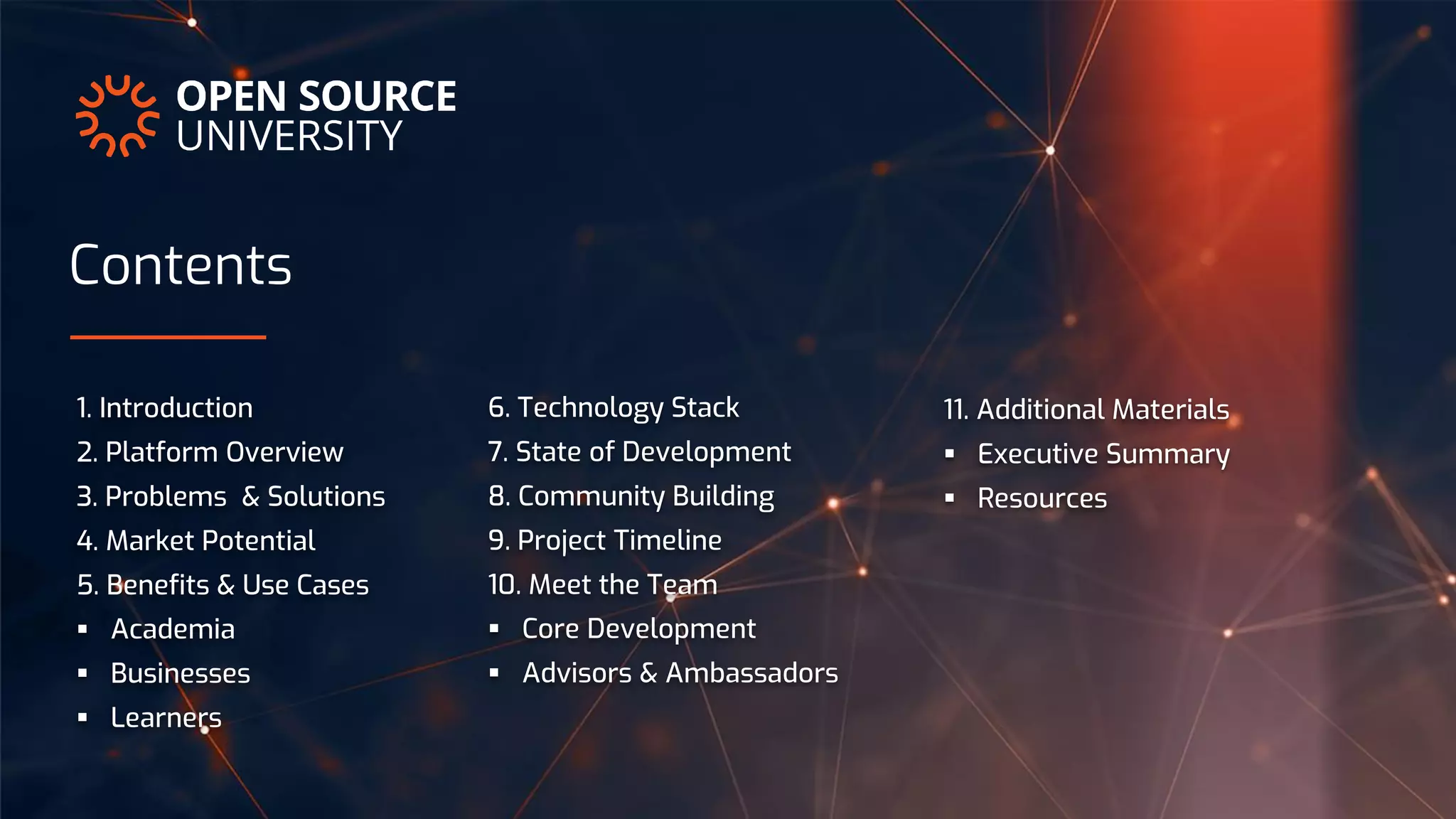1. Introduction
2. Platform Overview
3. Problems & Solutions
4. Market Potential
5. Benefits & Use Cases
 Academia
 Businesses
 Learners
Contents
6. Technology Stack
7. State of Development
8. Community Building
9. Project Timeline
10. Meet the Team
 Core Development
 Advisors & Ambassadors
11. Additional Materials
 Executive Summary
 Resources
 
