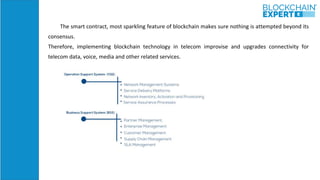 The smart contract, most sparkling feature of blockchain makes sure nothing is attempted beyond its
consensus.
Therefore, implementing blockchain technology in telecom improvise and upgrades connectivity for
telecom data, voice, media and other related services.
 