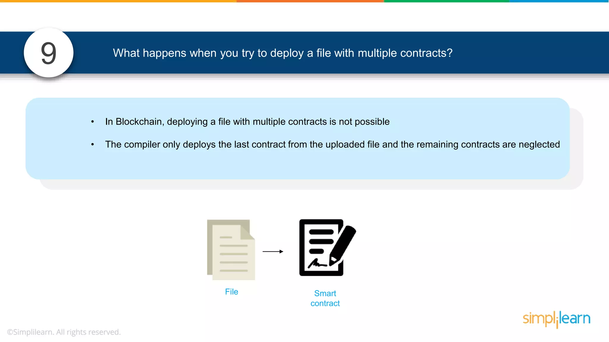 9 What happens when you try to deploy a file with multiple contracts? • In Blockchain, deploying a file with multiple contracts is not possible • The compiler only deploys the last contract from the uploaded file and the remaining contracts are neglected Smart contract File 