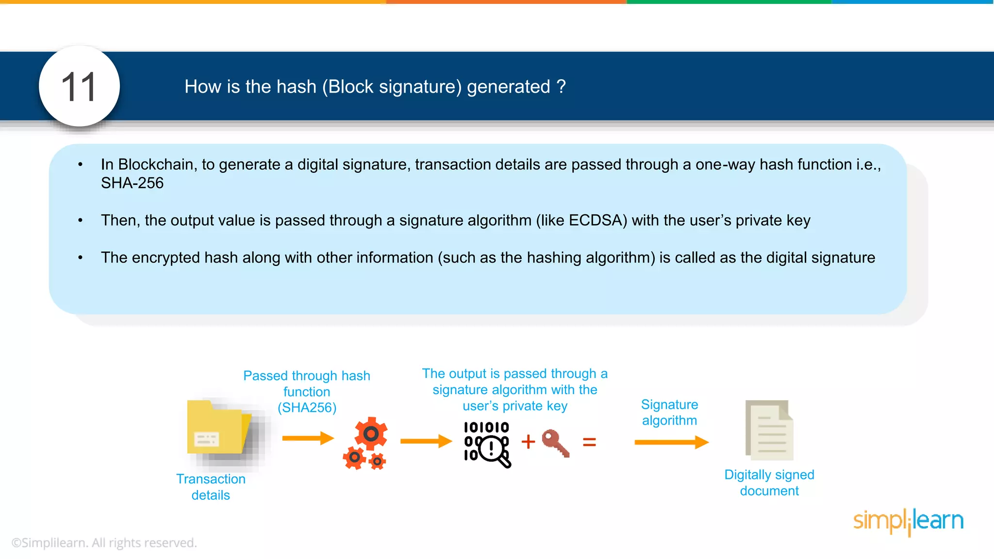 • In Blockchain, to generate a digital signature, transaction details are passed through a one-way hash function i.e., SHA-256 • Then, the output value is passed through a signature algorithm (like ECDSA) with the user’s private key • The encrypted hash along with other information (such as the hashing algorithm) is called as the digital signature 11 How is the hash (Block signature) generated ? Transaction details Passed through hash function (SHA256) =+ Digitally signed document Signature algorithm The output is passed through a signature algorithm with the user’s private key 