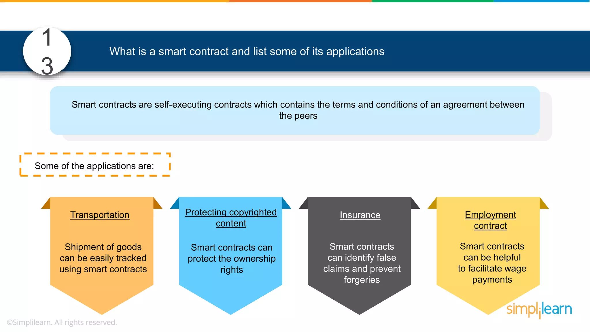 What is a smart contract and list some of its applications Some of the applications are: Shipment of goods can be easily tracked using smart contracts Smart contracts can protect the ownership rights Smart contracts can identify false claims and prevent forgeries Smart contracts can be helpful to facilitate wage payments Transportation Protecting copyrighted content Insurance Employment contract 1 3 Smart contracts are self-executing contracts which contains the terms and conditions of an agreement between the peers 