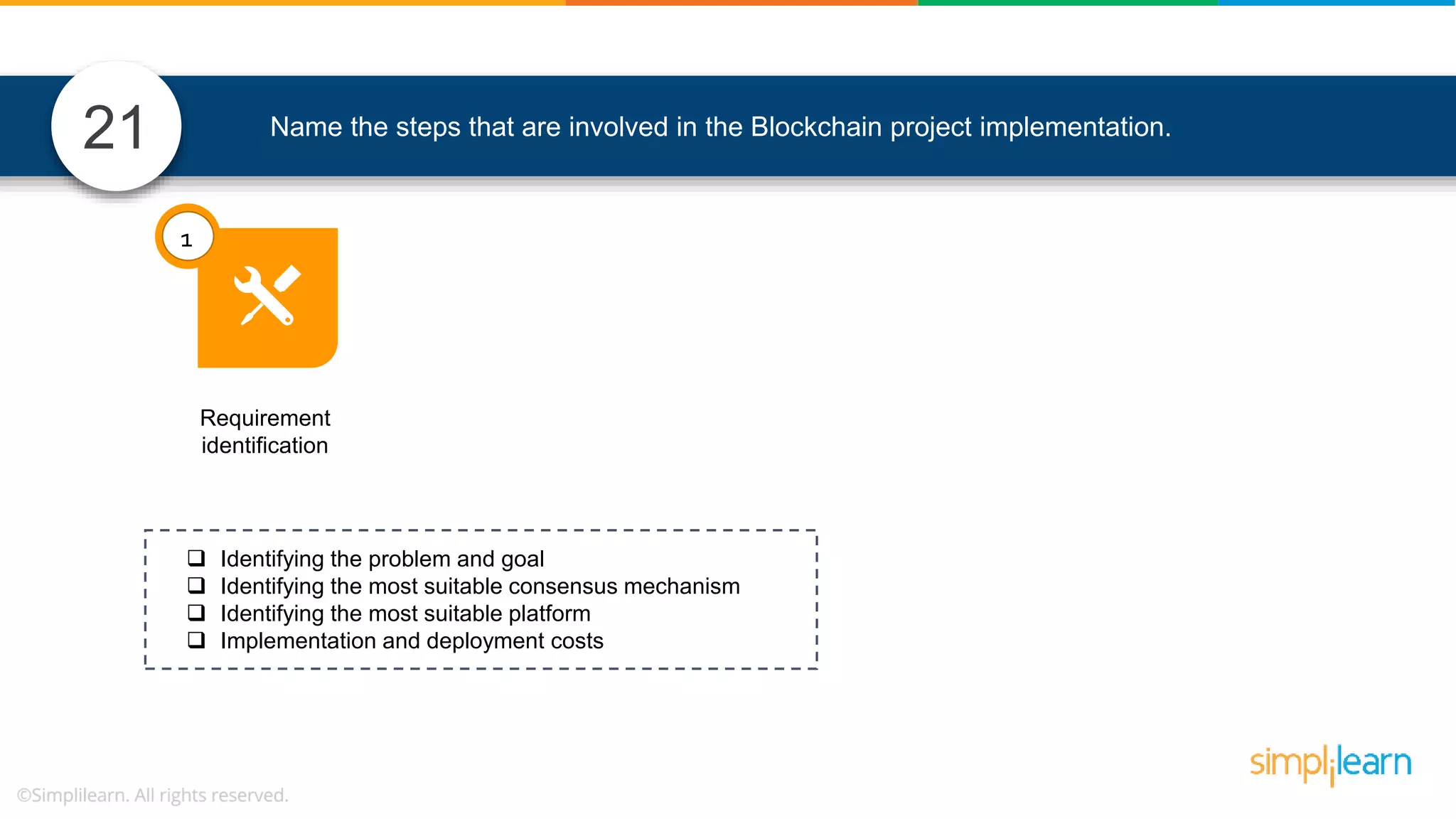 Name the steps that are involved in the Blockchain project implementation. Requirement identification 1 21  Identifying the problem and goal  Identifying the most suitable consensus mechanism  Identifying the most suitable platform  Implementation and deployment costs 