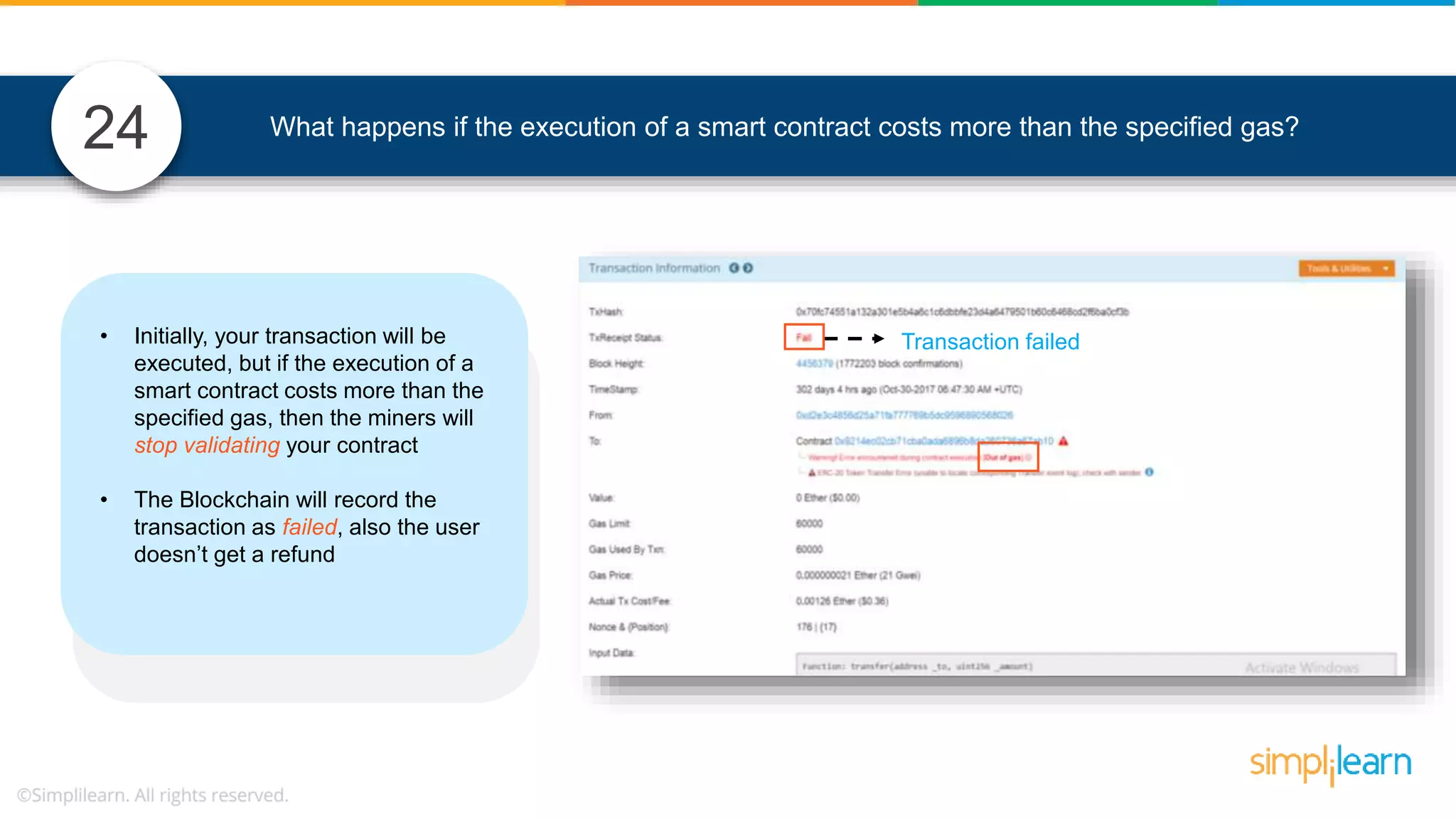 What happens if the execution of a smart contract costs more than the specified gas? • Initially, your transaction will be executed, but if the execution of a smart contract costs more than the specified gas, then the miners will stop validating your contract • The Blockchain will record the transaction as failed, also the user doesn’t get a refund 24 Transaction failed 