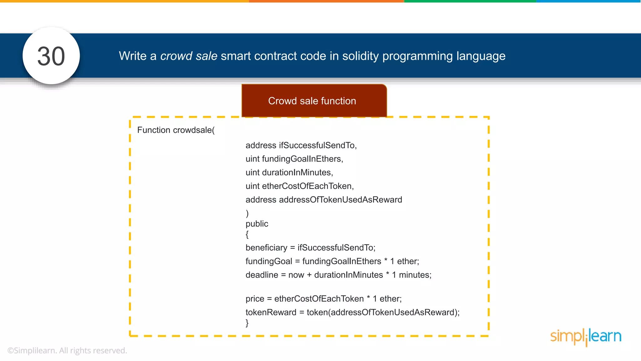 Write a crowd sale smart contract code in solidity programming language30 Function crowdsale( address ifSuccessfulSendTo, uint fundingGoalInEthers, uint durationInMinutes, uint etherCostOfEachToken, address addressOfTokenUsedAsReward ) public { beneficiary = ifSuccessfulSendTo; fundingGoal = fundingGoalInEthers * 1 ether; deadline = now + durationInMinutes * 1 minutes; price = etherCostOfEachToken * 1 ether; tokenReward = token(addressOfTokenUsedAsReward); } Crowd sale function 