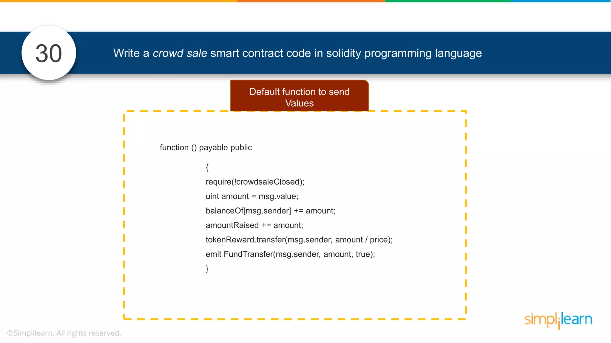 Write a crowd sale smart contract code in solidity programming language30 function () payable public { require(!crowdsaleClosed); uint amount = msg.value; balanceOf[msg.sender] += amount; amountRaised += amount; tokenReward.transfer(msg.sender, amount / price); emit FundTransfer(msg.sender, amount, true); } Default function to send Values 