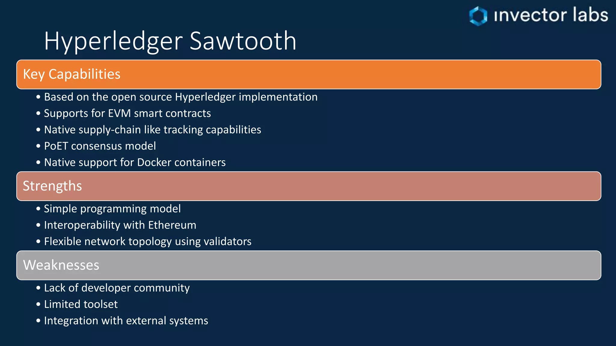 Hyperledger Sawtooth
Key Capabilities
• Based on the open source Hyperledger implementation
• Supports for EVM smart contracts
• Native supply-chain like tracking capabilities
• PoET consensus model
• Native support for Docker containers
Strengths
• Simple programming model
• Interoperability with Ethereum
• Flexible network topology using validators
Weaknesses
• Lack of developer community
• Limited toolset
• Integration with external systems
 