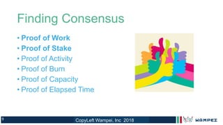 9
Finding Consensus
• Proof of Work
• Proof of Stake
• Proof of Activity
• Proof of Burn
• Proof of Capacity
• Proof of Elapsed Time
CopyLeft Wampei, Inc 2018
 
