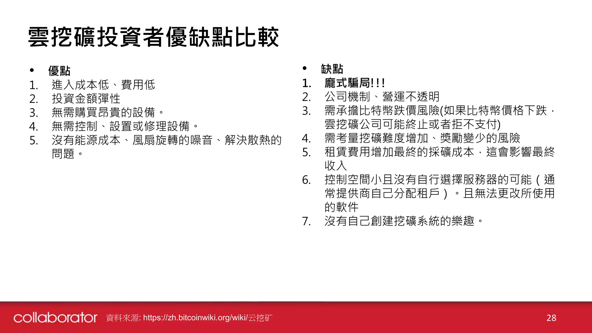 資料來源: https://zh.bitcoinwiki.org/wiki/云挖矿 28
雲挖礦投資者優缺點比較
• 優點
1. 進入成本低、費用低
2. 投資金額彈性
3. 無需購買昂貴的設備。
4. 無需控制、設置或修理設備。
5. 沒有能源成本、風扇旋轉的噪音、解決散熱的
問題。
• 缺點
1. 龐式騙局!!!
2. 公司機制、營運不透明
3. 需承擔比特幣跌價風險(如果比特幣價格下跌，
雲挖礦公司可能終止或者拒不支付)
4. 需考量挖礦難度增加、獎勵變少的風險
5. 租賃費用增加最終的採礦成本，這會影響最終
收入
6. 控制空間小且沒有自行選擇服務器的可能（通
常提供商自己分配租戶）。且無法更改所使用
的軟件
7. 沒有自己創建挖礦系統的樂趣。
 