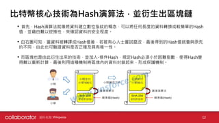 比特幣核心技術為Hash演算法，並衍生出區塊鏈
• 首先，Hash演算法就像將資料建立數位指紋的概念，可以將任何長度的資料轉換成較簡單的Hash
值，並藉由難以逆推性，來確認資料的安全程度。
• 由右圖可知，當資料被轉譯成Hash值後，若被有心人士嘗試竄改，最後得到的Hash值就會與原先
的不同，由此也可驗證資料是否正確及具有唯一性。
• 而區塊也是由此衍生出來的技術，並加入-條件Hash，規定Hash必須小於困難指數，使得Hash變
得難以重新計算，最後利用這種機制將區塊內的資料封鎖起來，形成保護機制。
資料來源: Wikipeida 12
 