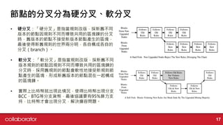 節點的分叉分為硬分叉、軟分叉
• 硬分叉：「硬分叉」是指當規則改版，採新舊不同
版本的節點因規則不同而導致共用的區塊錬的分叉
時，舊版本的節點不接受新版本節點產生的區塊，
最後使得新舊規則的世界兩分明，各自構成各自的
分叉（branch）。
• 軟分叉：「軟分叉」是指當規則改版，採新舊不同
版本規則的節點因規則不同而導致共用的區塊錬的
分叉時，採用舊規則的節點會軟性地接受新規則節
點產生的區塊，形成新舊版本的節點混在一起構成
的區塊錬。
• 實際上比特幣就出現此情況，使得比特幣出現分支
BCC、BTG等分支貨幣，最後協議要有95%算力支
持，比特幣才會出現分叉，解決擴容問題。
17
 