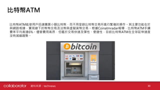 比特幣ATM
比特幣ATM能使用戶迅速購買小額比特幣，而不用登錄比特幣交易所進行繁複的操作。其主要功能在於
與網路相連，實現線下的幣幣交易及法幣與虛擬貨幣交易。根據Coinatmradar報導，比特幣ATM手續
費率平均高達6%。儘管費用高昂，但鑑於交易快速及彈性、便捷性，目前比特幣ATM在全球延伸速度
沒有減緩趨勢。
30資料來源：technews
 