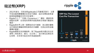 瑞波幣(XRP)
• 2012年誕生，目前由RippleLabs公司營運及發行，主要
作為金融相關機構的全球支付網絡，設計目標就是希望
能夠無縫傳輸任何形式的貨幣。
• Ripple引入了“共識（Consensus）”機制，通過特殊
節點的投票，在很短的時間內就能夠對交易進行驗證和
確認。
• Ripple是世界上第一個開放的支付網路，其主要的優勢
在於極短的傳輸時間和極低的手續費，也因此受到金融
機構的喜愛。
• Ripple網路支持多種貨幣。除了Ripple幣外還支持法定
貨幣（例如美元、歐元、日元等），並打算在近期支持
比特幣，未來有可能支持所有虛擬貨幣。
39
 