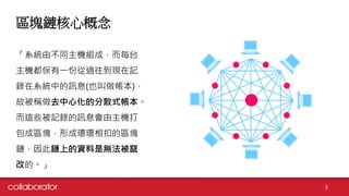區塊鏈核心概念
5
「系統由不同主機組成，而每台
主機都保有一份從過往到現在記
錄在系統中的訊息(也叫做帳本)，
故被稱做去中心化的分散式帳本。
而這些被記錄的訊息會由主機打
包成區塊，形成環環相扣的區塊
鏈，因此鏈上的資料是無法被竄
改的。」
 