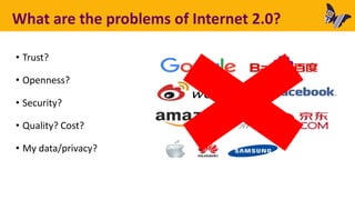What are the problems of Internet 2.0?
• Trust?
• Openness?
• Security?
• Quality? Cost?
• My data/privacy?
 