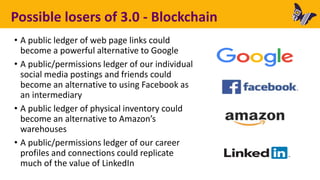 Possible losers of 3.0 - Blockchain
• A public ledger of web page links could
become a powerful alternative to Google
• A public/permissions ledger of our individual
social media postings and friends could
become an alternative to using Facebook as
an intermediary
• A public ledger of physical inventory could
become an alternative to Amazon’s
warehouses
• A public/permissions ledger of our career
profiles and connections could replicate
much of the value of LinkedIn
 