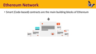 Ethereum Network
• Smart (Code-based) contracts are the main building blocks of Ethereum
 