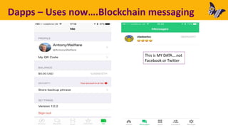 Dapps – Uses now….Blockchain messaging
This is MY DATA….not
Facebook or Twitter
 