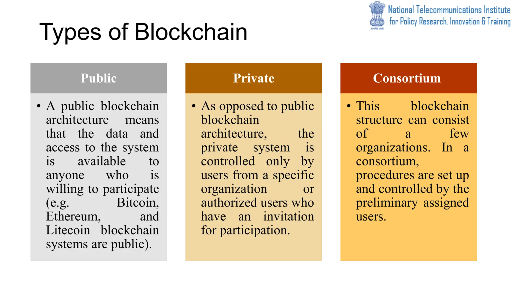 Types of Blockchain
Public
• A public blockchain
architecture means
that the data and
access to the system
is available to
anyone who is
willing to participate
(e.g. Bitcoin,
Ethereum, and
Litecoin blockchain
systems are public).
Private
• As opposed to public
blockchain
architecture, the
private system is
controlled only by
users from a specific
organization or
authorized users who
have an invitation
for participation.
Consortium
• This blockchain
structure can consist
of a few
organizations. In a
consortium,
procedures are set up
and controlled by the
preliminary assigned
users.
 