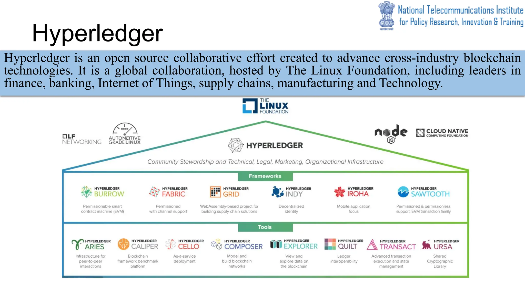Hyperledger
Hyperledger is an open source collaborative effort created to advance cross-industry blockchain
technologies. It is a global collaboration, hosted by The Linux Foundation, including leaders in
finance, banking, Internet of Things, supply chains, manufacturing and Technology.
 