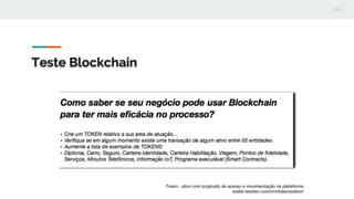 Teste Blockchain
Token - ativo com propósito de acesso e movimentação na plataforma
wallet.latoken.com/crm/tokenization/
 