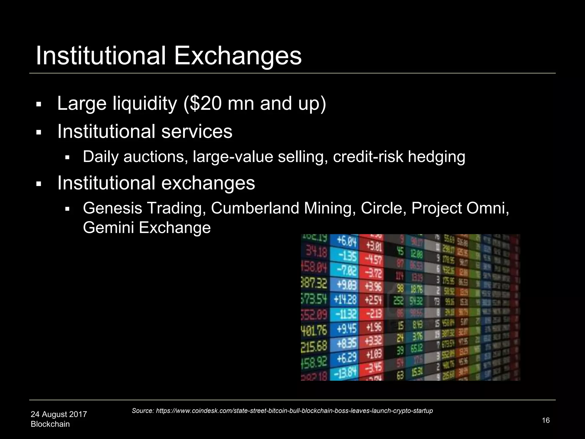 24 August 2017
Blockchain
Institutional Exchanges
 Large liquidity ($20 mn and up)
 Institutional services
 Daily auctions, large-value selling, credit-risk hedging
 Institutional exchanges
 Genesis Trading, Cumberland Mining, Circle, Project Omni,
Gemini Exchange
16
Source: https://www.coindesk.com/state-street-bitcoin-bull-blockchain-boss-leaves-launch-crypto-startup
 