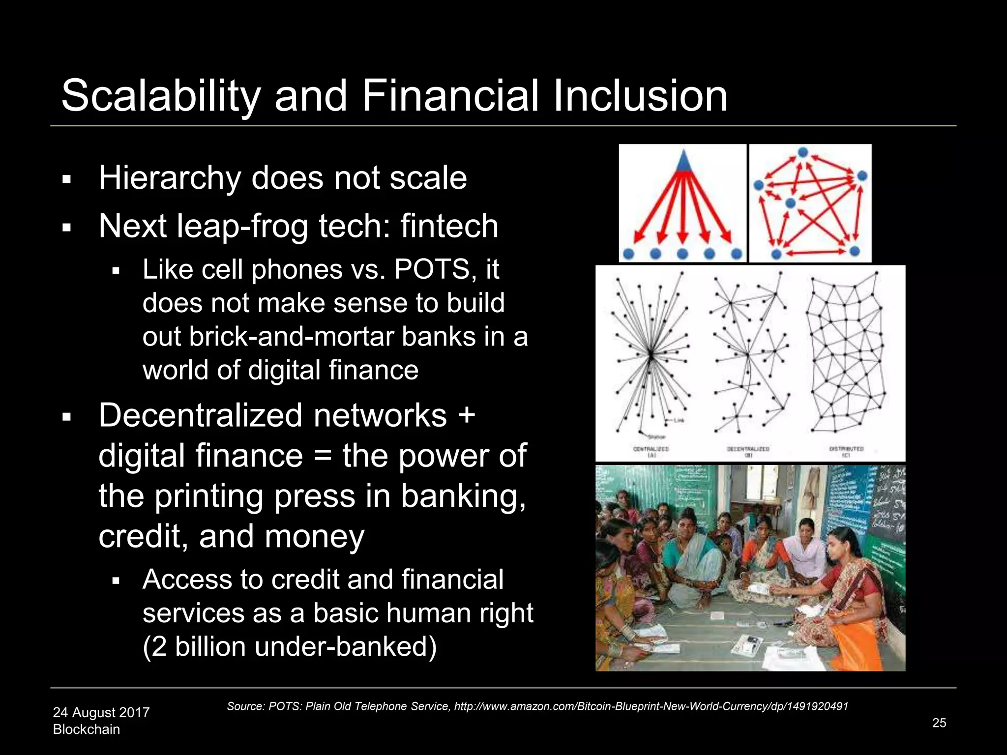 24 August 2017
Blockchain
Scalability and Financial Inclusion
 Hierarchy does not scale
 Next leap-frog tech: fintech
 Like cell phones vs. POTS, it
does not make sense to build
out brick-and-mortar banks in a
world of digital finance
 Decentralized networks +
digital finance = the power of
the printing press in banking,
credit, and money
 Access to credit and financial
services as a basic human right
(2 billion under-banked)
25
Source: POTS: Plain Old Telephone Service, http://www.amazon.com/Bitcoin-Blueprint-New-World-Currency/dp/1491920491
 